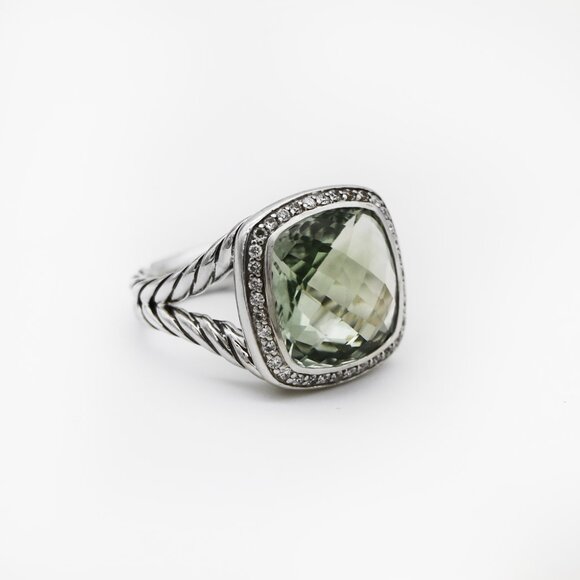 David Yurman 925 Silver Albion Diamond Prasiolite Halo Ring - Picture 1 of 4